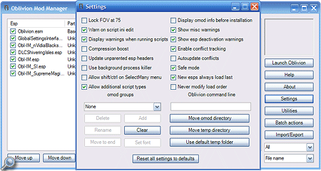 Hier seht ihr das Settings-Programmfenster des Oblivion Mod Manager - nur wenige Optionen bedürfen einer Anpassungen und selbst ohne diese, arbeitet das Programm absolut reibungslos.